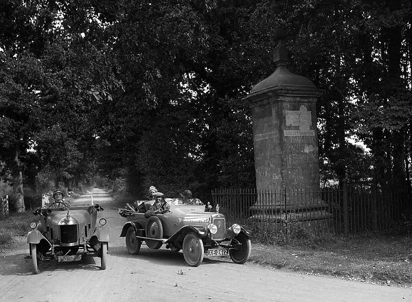 Calthorpe and Morris passing the Four Shire Stone, near Broadway, Worcestershire, c1920s