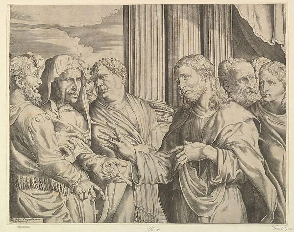 The Triubute Money: Christ at center right gesturing to man at his left with coins