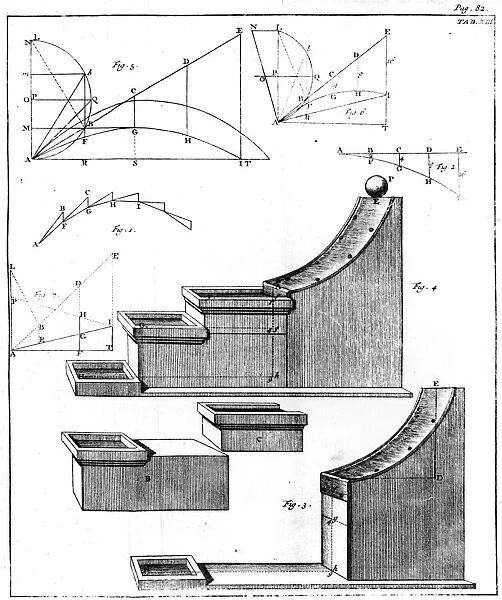 Engraving depicting an experiment involving an inclined plane used to demonstrate the action of grav