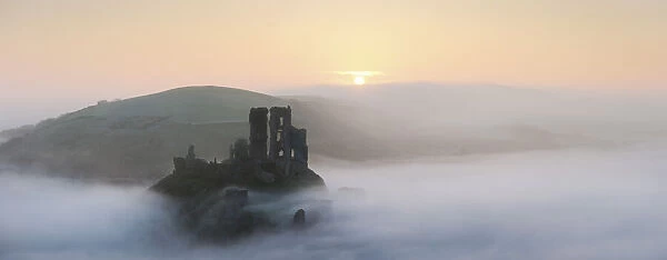 Ruins of Corfe Castle at Dawn, Dorset, England