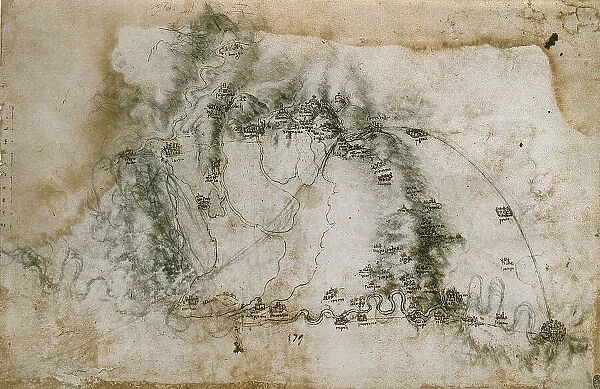 The Arno River and the Valley of Florence with the Lake of Bientina and the Fucecchio marshlands, drawing (12685r), by Leonardo da Vinci, housed in the Royal Library of Windsor