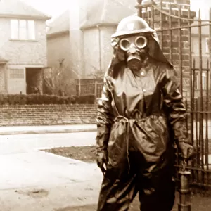 Air raid warden in gas mask
