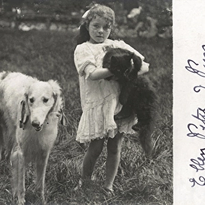 Little girl with a cat and a dog in a garden