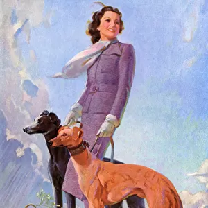 Woman with greyhound dogs in the Mountains