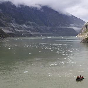 Kayak expedition preparations, Tracy Arm Fjord, clearing mist, icebergs and cascades