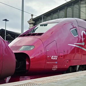 A Thalys high speed train awaits departure at Gare du Nord railway station, Paris, France, Europe