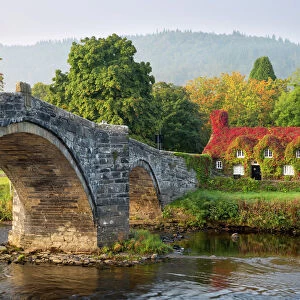 Tu Hwnt i r Bont tearoom and Pont Fawr (Big Bridge) in autumn, Llanrwst, Snowdonia, Conwy, Wales, United Kingdom, Europe