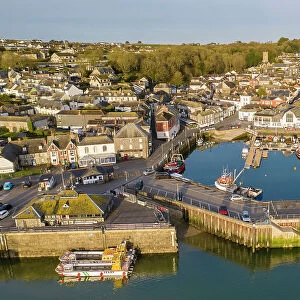 Aerial view of Padstow Harbour and town at dawn, Cornwall, England. Spring (April) 2022