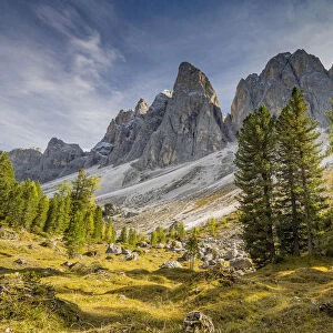 Autumn view of Odle Dolomites mountain group, Funes valley, South Tyrol, Italy