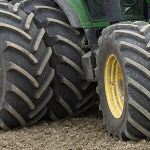 John Deere 8530 tractor, close-up of dual wheels and tyres, Sweden