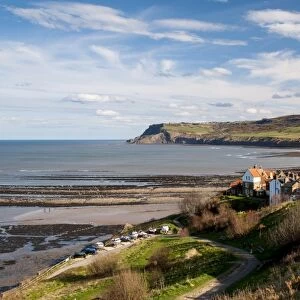 View of coastline and fishing village, looking from North Cliffs looking towards Ravenscar, Robin Hoods Bay
