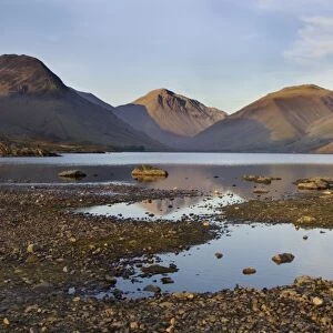 View of lake in evening light, with Great Gable and other fells in background, Wastwater, Wasdale Valley