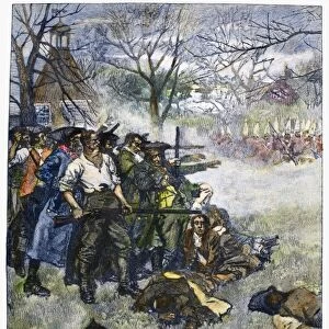 Colonial minutemen confront British troops on Lexington Green at the start of the American Revolution, 19 April 1775. Wood engraving, American, 1883, after Howard Pyle