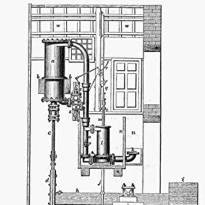 Cornish engine, a type of steam engine, designed in 1798. Line engraving, 19th century