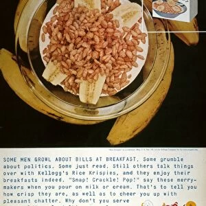KELLOGGs RICE KRISPIES 1954. Advertisement for Kellogs Rice Krispies, the worlds only talking cereal, from an American magazine of 1954