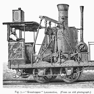 LOCOMOTIVE: GRASSHOPPER. A grasshopper locomotive, similar to the ones used on the Baltimore & Ohio Railroad throughout the first half of the 19th century. Line engraving, 19th century