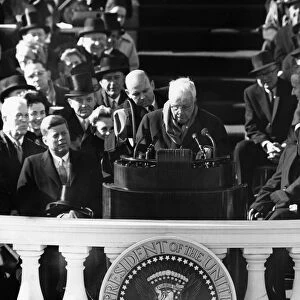 ROBERT LEE FROST (1874-1963). American poet. Reciting a poem at the inauguration of President John F. Kennedy at the Capitol in Washington, D. C. 20 January 1961