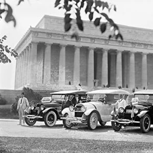 SHRINER CONVENTION, 1923. Cars waiting for masonic leaders Esten A. Fletcher and Frank C