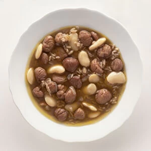 Bowl of Sopa de castanhas piladas, soup containing chestnuts, beans and rice, a traditional dish from Tras-os-Montes, Portugal, view from above