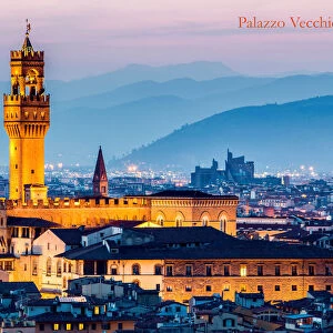 Ccityscape and Palazzo Vecchio. Sunset. lights on. Florence. Tuscany. Italy