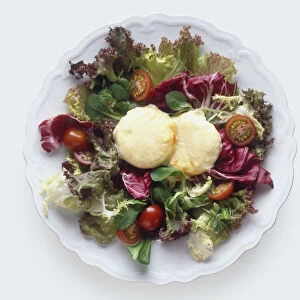 Chevre tiede, grilled goats cheese served on bed of mixed leaf and cherry tomato salad, a typical dish from Southwest France, view from above
