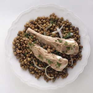 Plate of cured pork with puy lentils, a typical dish from Auvergne, France, view from above