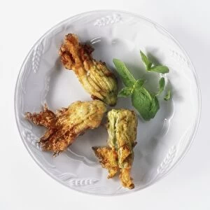 Plate of Fiori di zucchini, stuffed courgette flowers, garnished with basil leaves, a typical dish from the Veneto, Italy, view from above
