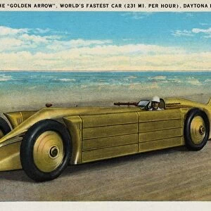 Worlds Fastest Car. ca. 1929, Daytona Beach, Florida, USA, THE GOLDEN ARROW, WORLDs FASTEST CARD (231 MI. PER HOUR), DAYTONA BEACH, FLA