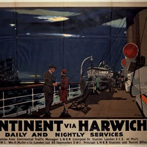 Continent via Harwich - Daily and Nightly Services, LNER poster, 1923-1947