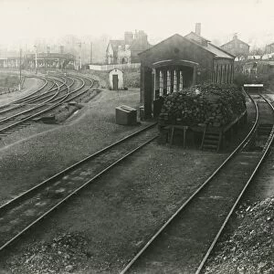 Huntingdon engine shed, 1910. View looking north west towards a 50ft turntable, shed to right