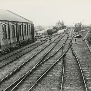 Mildenhall, view into terminal station, goods shed, with border of roses on the left