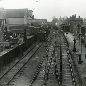 View west from South Road at Saffron Walden Station. Unloading bank on left run-round loop centre