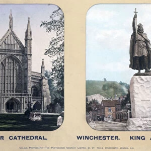 Winchester Cathedral and King Alfreds Statue, Winchester, Hampshire, 1910s