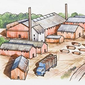 Illustration of rural factory farm buildings and semi-truck