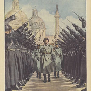 In the 14th Annual of the Militia, the Duce passes among the Musketeers who greet him (colour litho)