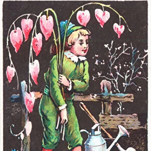 Boy carrying Bleeding Heart flowers, Christmas Card (chromolitho)