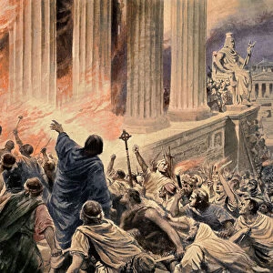 The Burning of the Library at Alexandria in 391 AD, illustration from Hutchinsons History of the Nations, c. 1910 (later colouration) (litho)