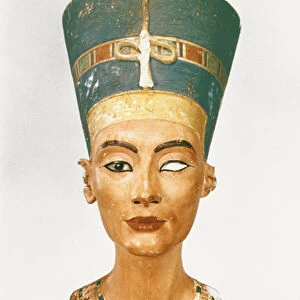 Bust of Queen Nefertiti, front view, from the studio of the sculptor Thutmose at Tell
