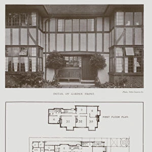 The Elms, Bushey, Detail of Garden Front, First Floor Plan, Ground Floor Plan (b / w photo)