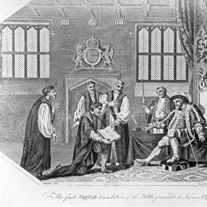 The first English translation of the Bible presented to Henry VIII, 1824 (engraving)
