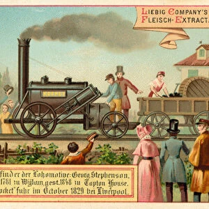 George Stephensons steam locomotive Rocket, Liverpool, 1829 (chromolitho)