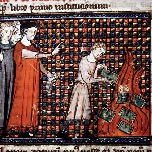 Iconoclasts throwing miniature manuscripts into the fire. 14th century manuscript