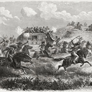 Indians attacking a transcontinental stagecoach in 1867, illustration from The
