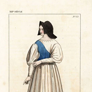Mabille de Riez, French beauty from a noble family in Provence, 12th century. She wears a snap earrings (hat with hanging sides), a dress edged with fur and a bodice with a diagonal colour panel, and long pointed shoes