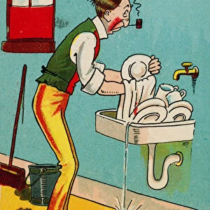 Man doing the washing up and wishing he had a woman to do it for him (colour litho)