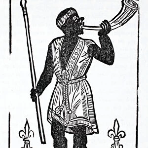 A Moor standing on a tower blowing a horn to wake the dead