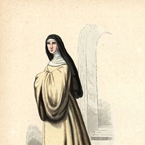 Nun of the order of Feuillantines, Congregation of Our Lady of the Feuillants, Cistercian, Religieuse Feuillantine. Handcoloured woodblock engraving after an illustration by Jacques Charles Bar from Abbot Tiron