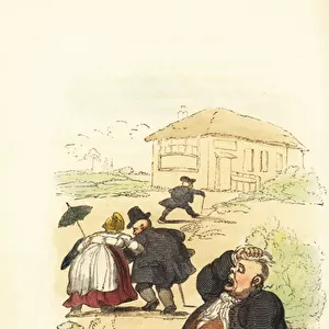 Obese people running to catch a stage coach in Georgian England. 1831 (engraving)