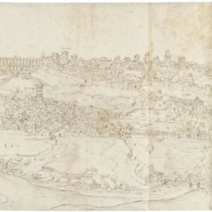 Panoramic View of Segovia from the East (pen and brown ink with touches of blue wash over
