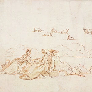 A Picnic: Two Ladies and a Gentleman (brown wash with pen & brown ink over red chalk